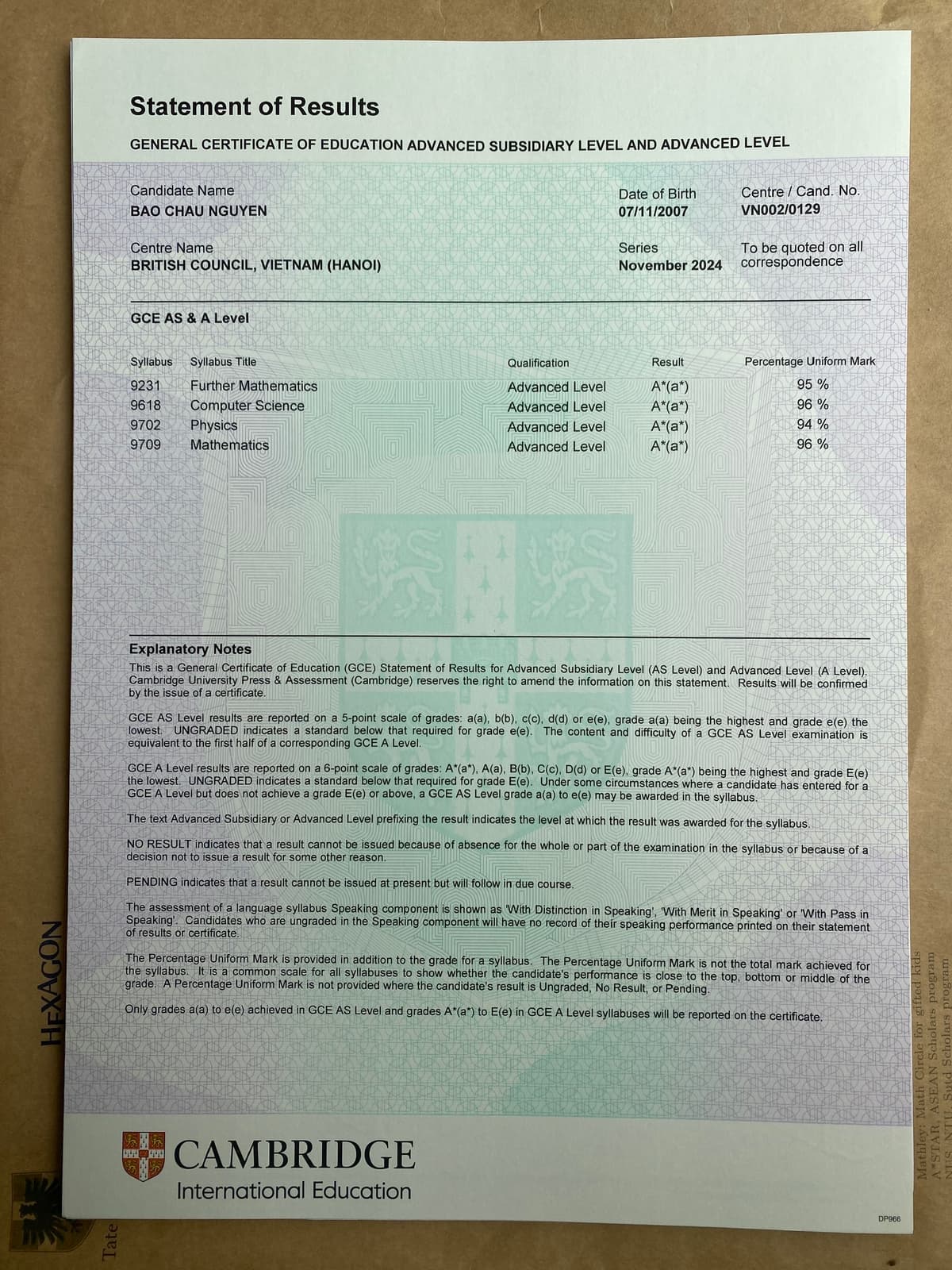 Cambridge A level của Bảo Châu, một trong số 19 bạn Hexagon đạt điểm A*A*A*A năm 2024