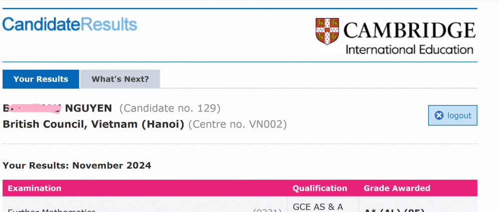 Kết quả thi A level Cambridge 2024/2025