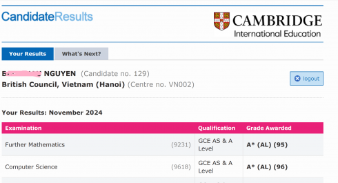 Kết quả thi A level Cambridge 2024/2025