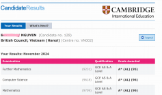 Kết quả thi A level Cambridge 2024/2025